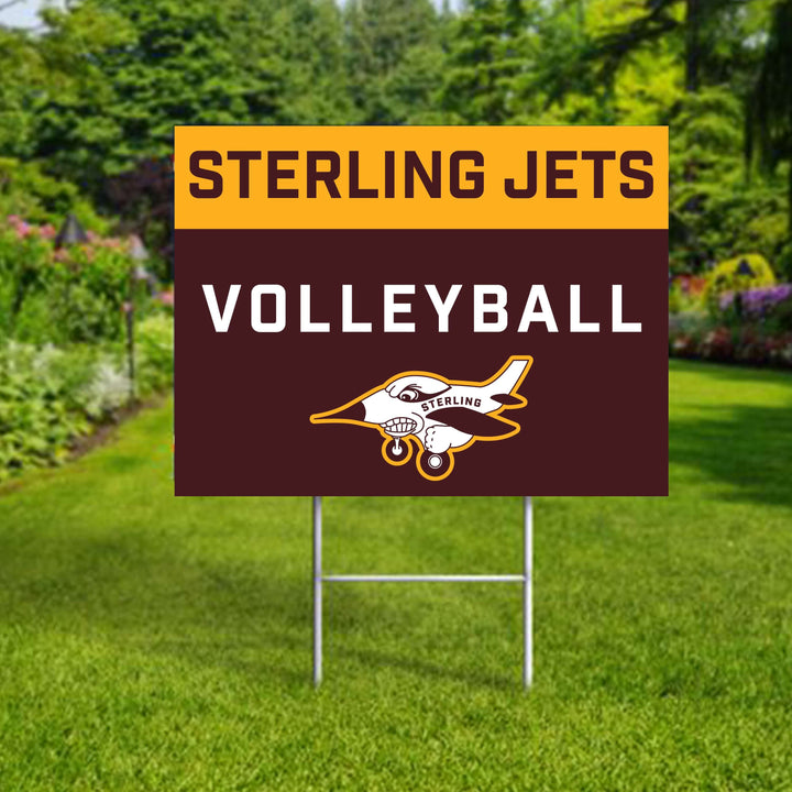 Personalized yard sign for Sterling Jets sports team player. The sign features the team logo in the center, surrounded by a background in team colors.