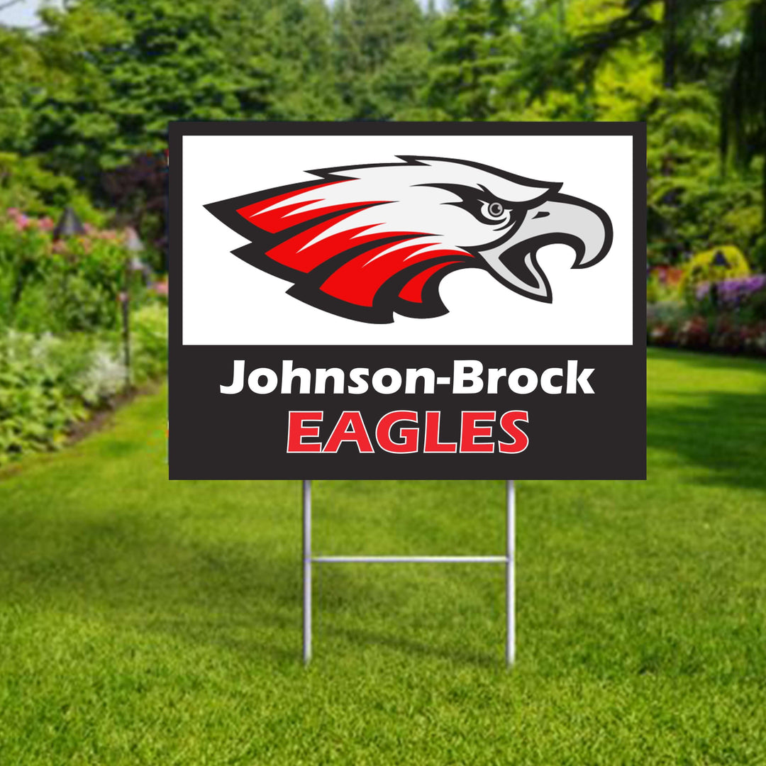 Personalized yard sign for Johnson-Brock sports team player. The sign features the team logo in the center, surrounded by a background in team colors.