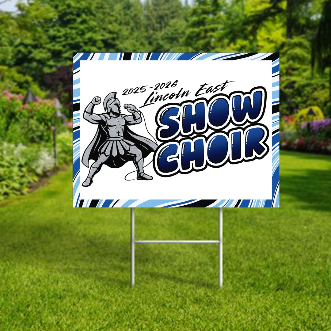 Personalized yard sign for Lincoln East Spartans show band & show choir. The sign features the school colors and can be personalized with a students name.