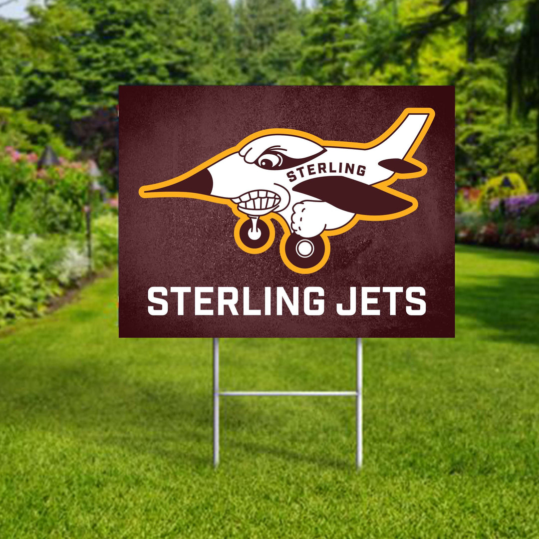 Personalized yard sign for Sterling Jets sports team player. The sign features the team logo in the center, surrounded by a background in team colors.