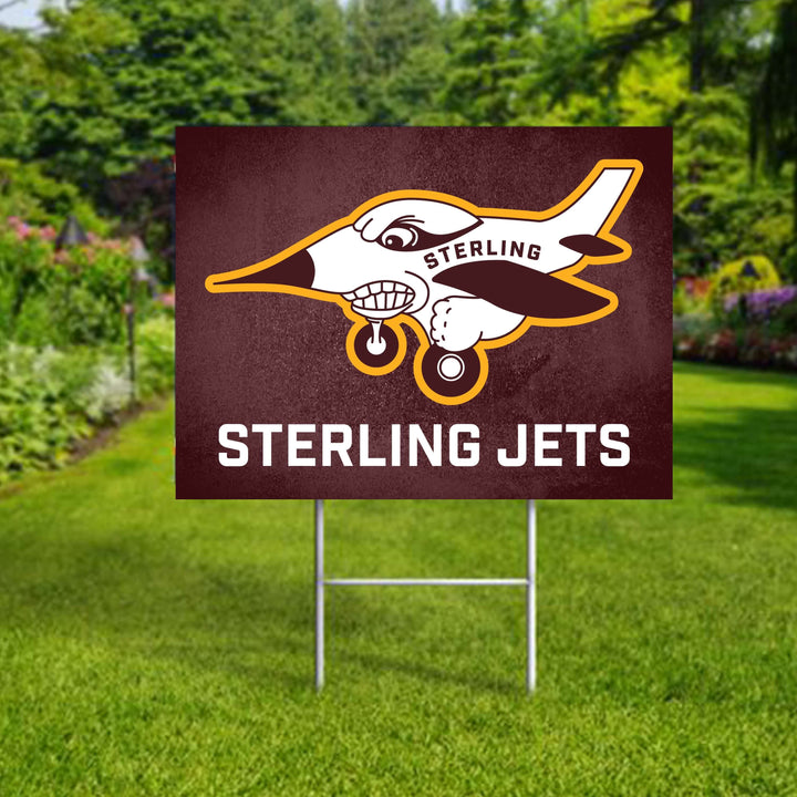 Personalized yard sign for Sterling Jets sports team player. The sign features the team logo in the center, surrounded by a background in team colors.