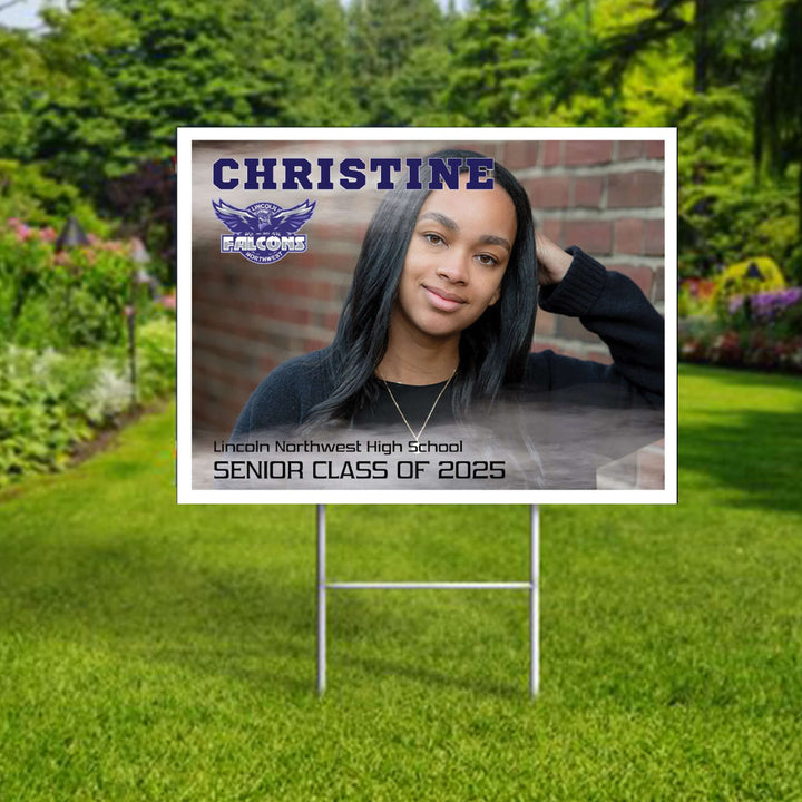 Personalized yard sign for Lincoln Northwest Falcons seniors. The sign features the school logo, colors, and personalized name and photo.