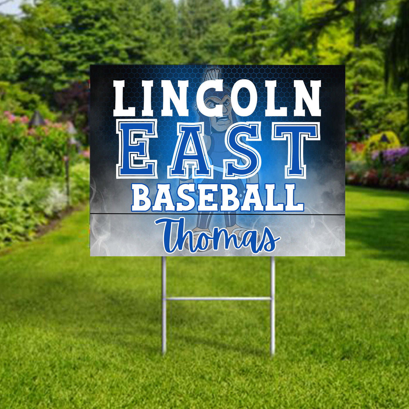 Personalized yard sign for Lincoln East Spartans sports team player. The sign features the team logo in the center, surrounded by a background in team colors.