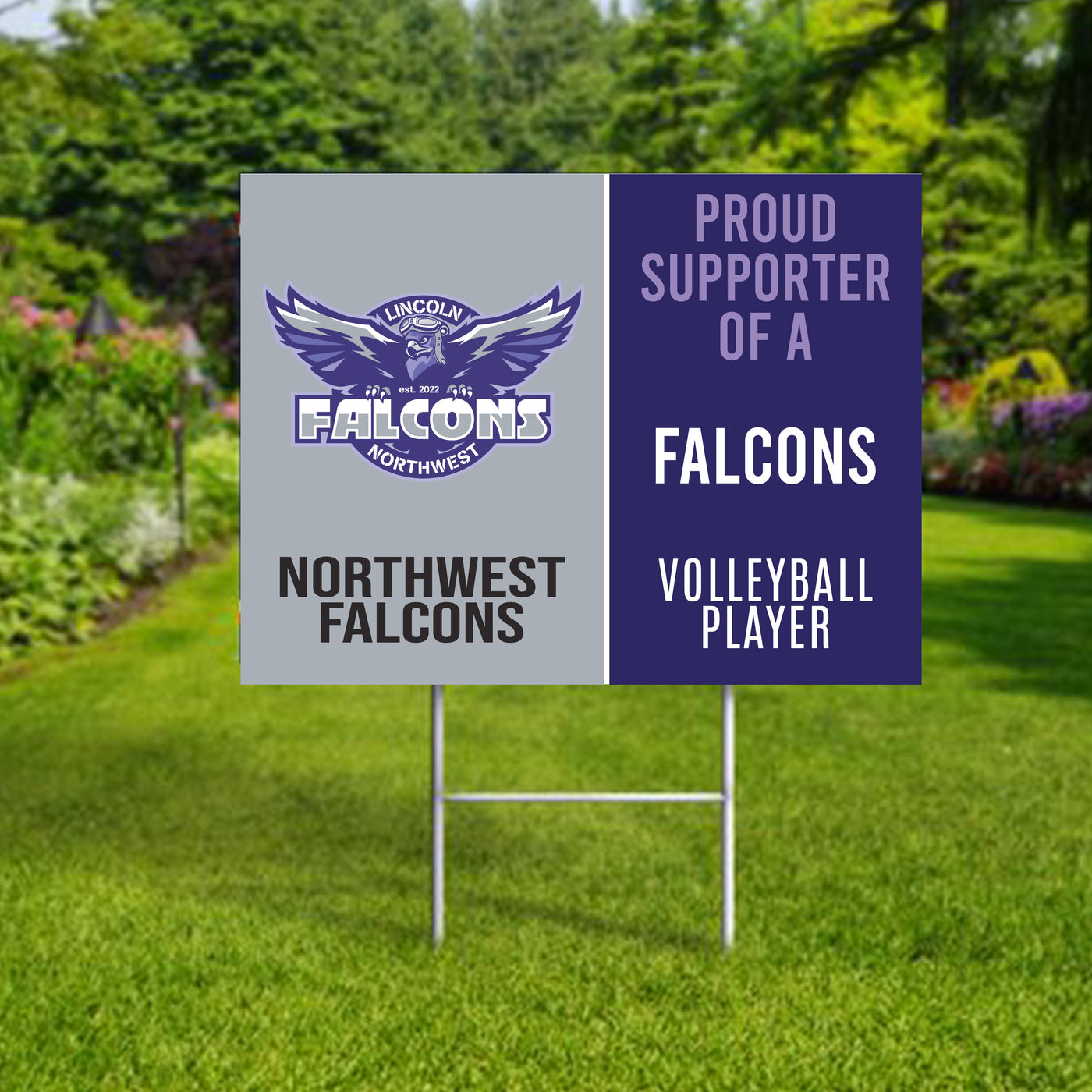 Personalized yard sign for Lincoln Northwest Falcons sports team player. The sign features the team logo in the center, surrounded by a background in team colors.