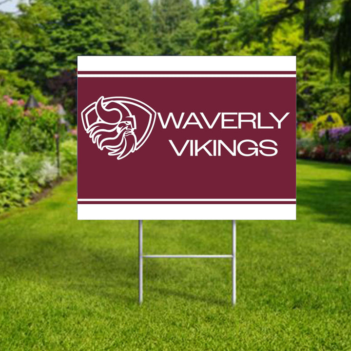 Personalized yard sign for Waverly Vikings sports team player. The sign features the team logo in the center, surrounded by a background in team colors.