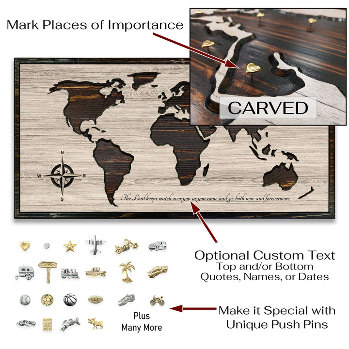Custom carved world map wood wall art that can be personalized with your own text. Use push pins to mark your travels. Perfect for home or office wall decor or a unique gift for friends &amp; family.