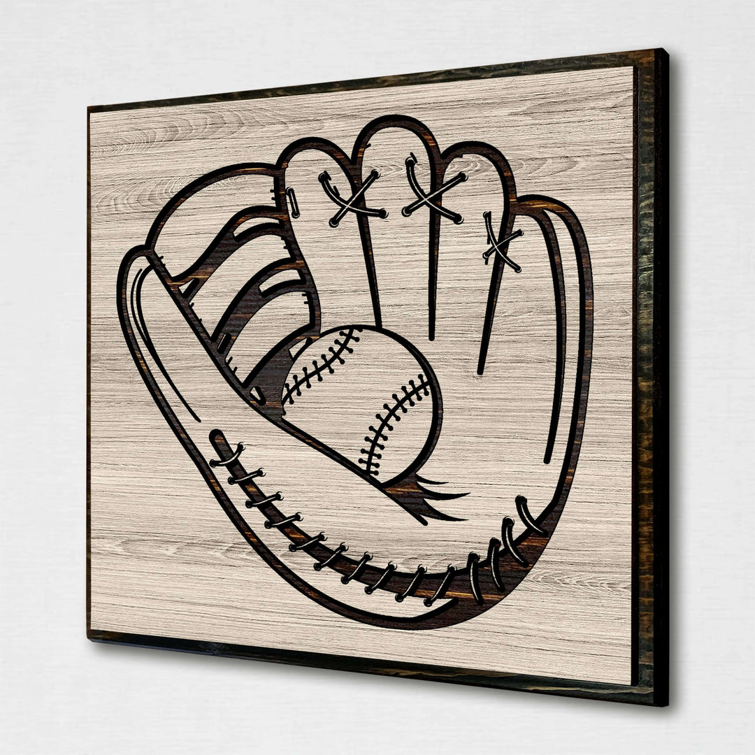 Baseball glove wood wall art. Custom carved sports wall decor that is perfect for the basement, office, bar, basement, or man cave.