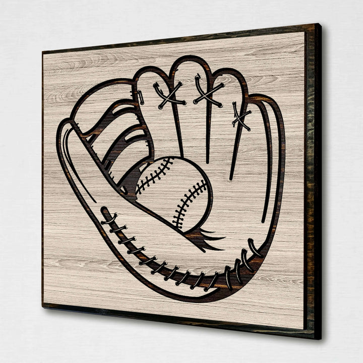 Baseball glove wood wall art. Custom carved sports wall decor that is perfect for the basement, office, bar, basement, or man cave.