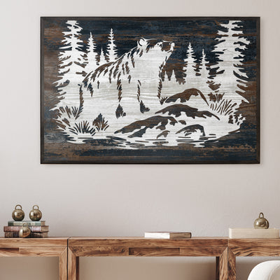 Grizzly bear wood framed canvas wall art. This wall art features a thin, solid wood frame handcrafted at our shop located in Ashland, Nebraska. Cream lime nature scene on a white background, on premium canvas with a high definition print.