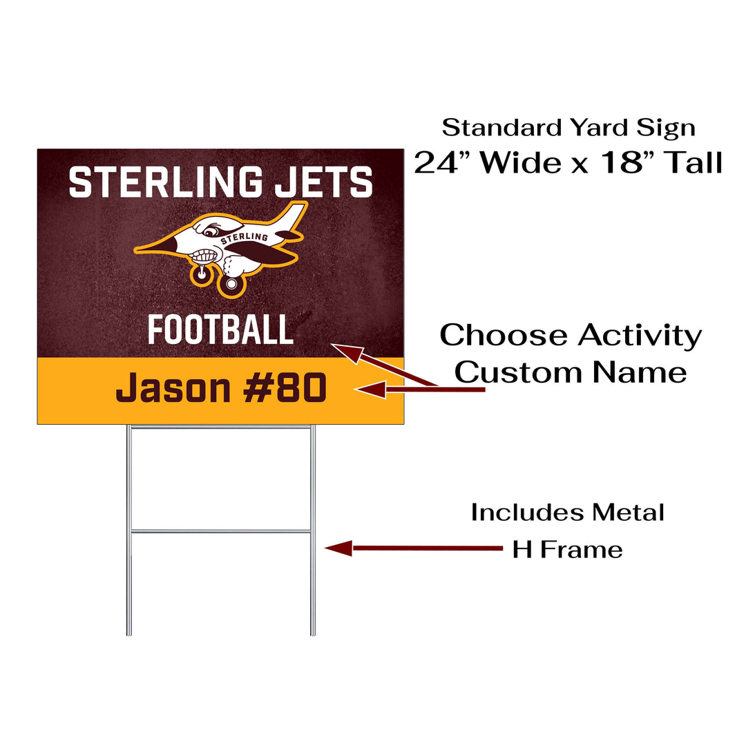 Personalized yard sign for Sterling Jets sports team player. The sign features the team logo in the center, surrounded by a background in team colors.