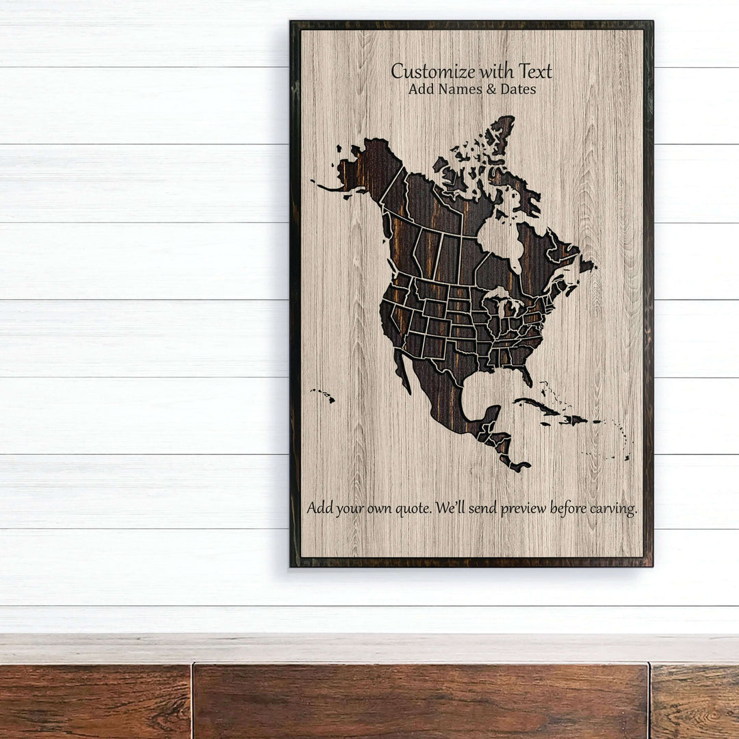 custom wood carved north america push pin map that can be personalized with text