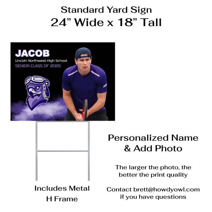 Personalized yard sign for Lincoln Northwest Falcons seniors. The sign features the school logo, colors, and personalized name and photo.