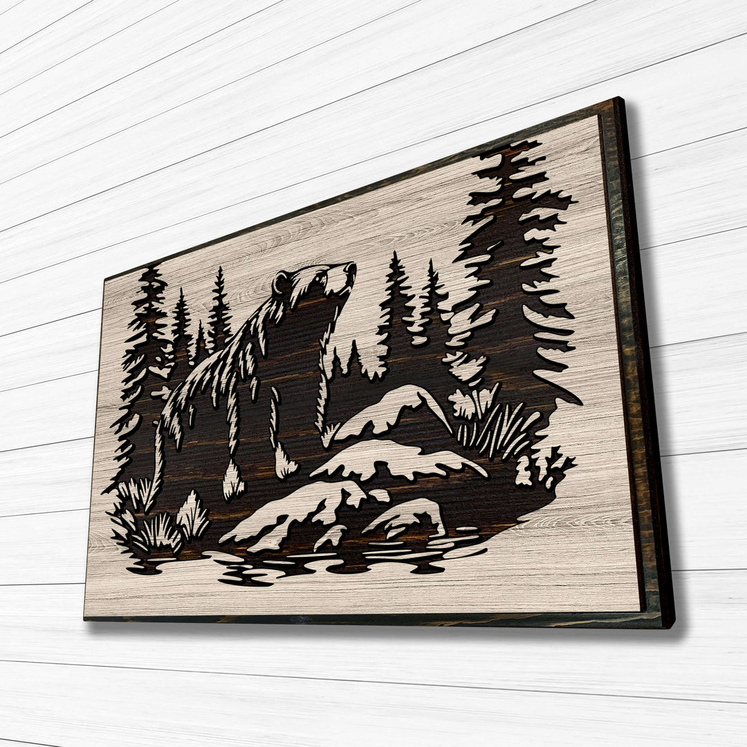 Grizzly bear carved wood wall art featuring Howdy Owl&