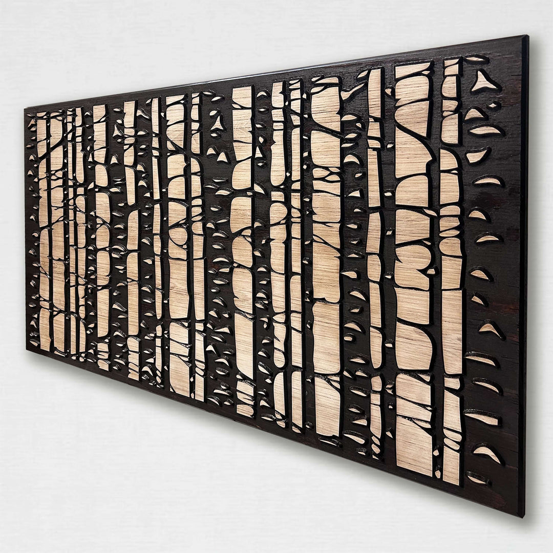 Custom birch tree scene that is zoomed in and carved into wood. Abstract wood wall art by Howdy Owl is offered in two different finish colors and 5 different sizes. The finish colors will be a distressed tan main board with a dark brown stained carving and edge. Or you can choose the distressed gray main board with a black stained carving and edge. This cabin &amp; nature art is neutral and go with most any rustic or modern decor.
