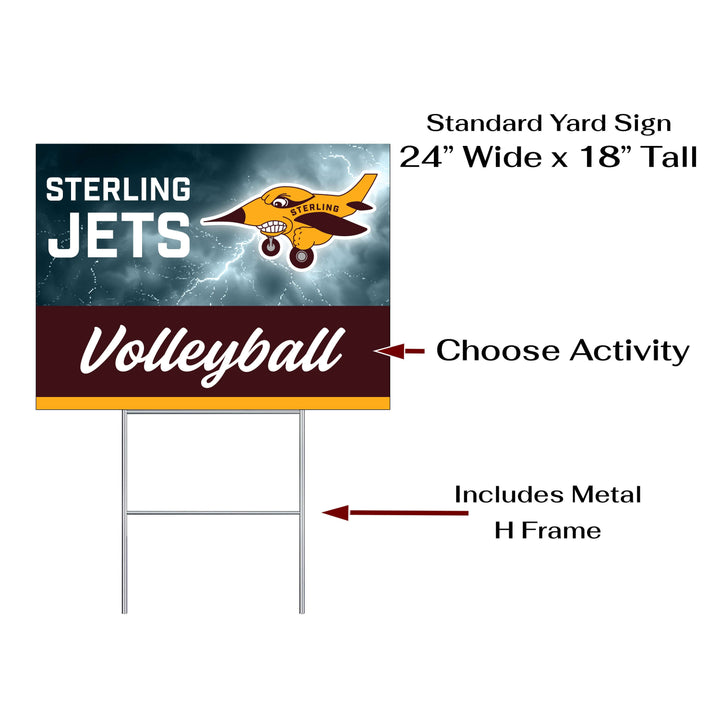 Personalized yard sign for Sterling Jets sports team player. The sign features the team logo in the center, surrounded by a background in team colors.
