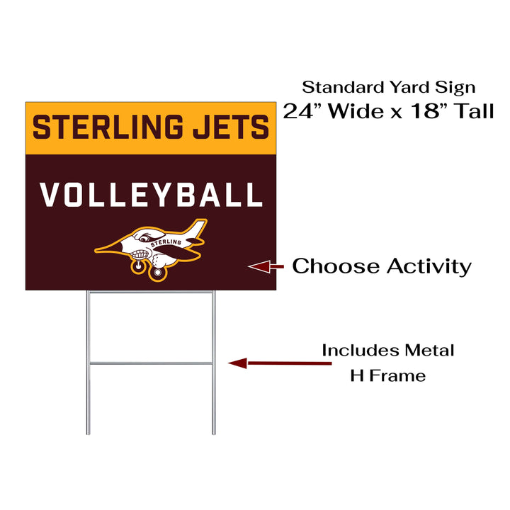 Personalized yard sign for Sterling Jets sports team player. The sign features the team logo in the center, surrounded by a background in team colors.