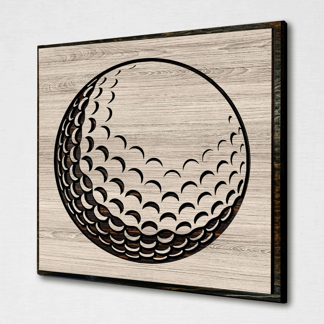 Golf ball wood wall art. Custom carved sports wall decor that is perfect for the basement, office, bar, basement, or man cave.