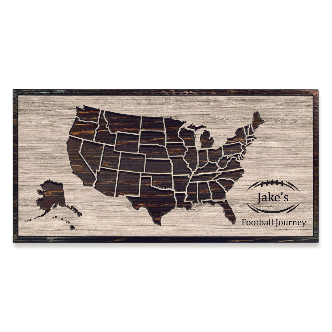 Custom wood carved football stadium travel map with Howdy Owl signature finish handcrafted in Ashland, Nebraska