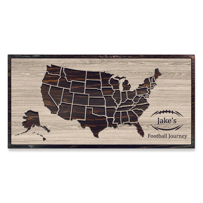 Custom wood carved football stadium travel map with Howdy Owl signature finish handcrafted in Ashland, Nebraska