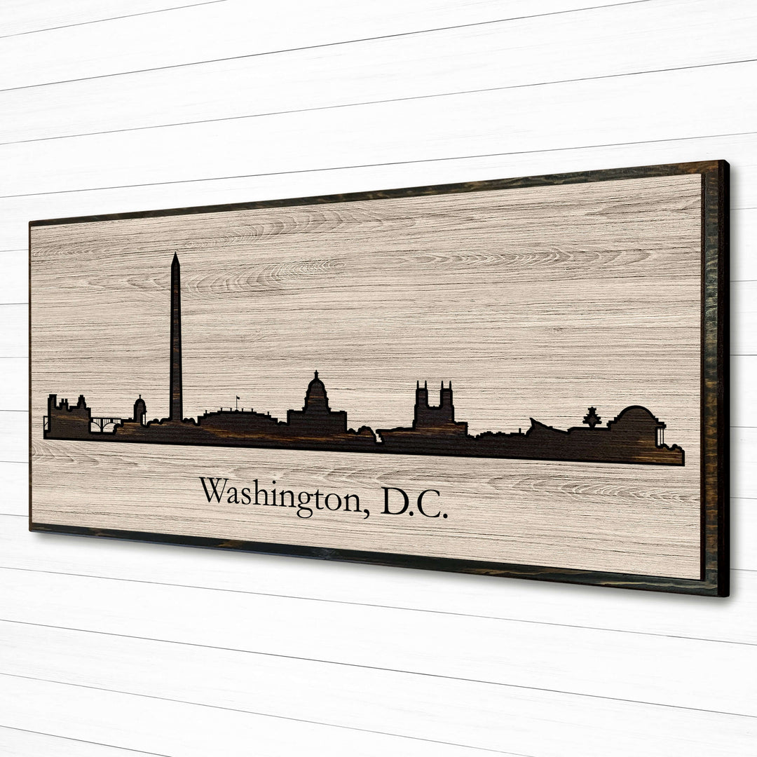 Washington DC city skyline wood all art. Custom carved into solid wood and features Howdy Owl&