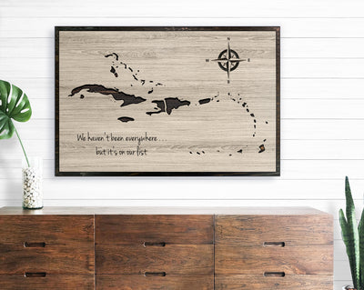 Caribbean push pin map wood wall. Use push pins to mark your travels and custom made with your own text. Handcrafted in Ashland, Nebraska