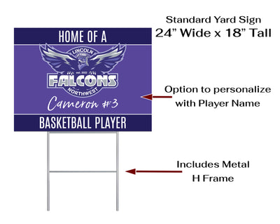 Personalized yard sign for Lincoln Northwest Falcons sports team player. The sign features the team logo in the center, surrounded by a background in team colors.