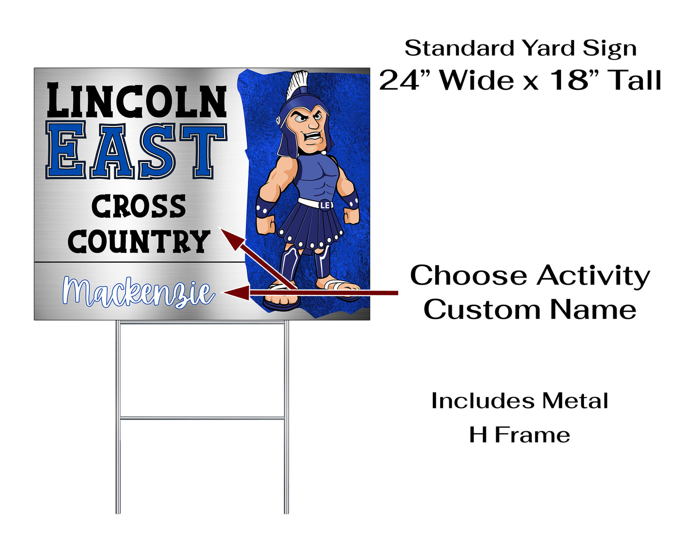 Personalized yard sign for Lincoln East Spartans sports team player. The sign features the team logo in the center, surrounded by a background in team colors.