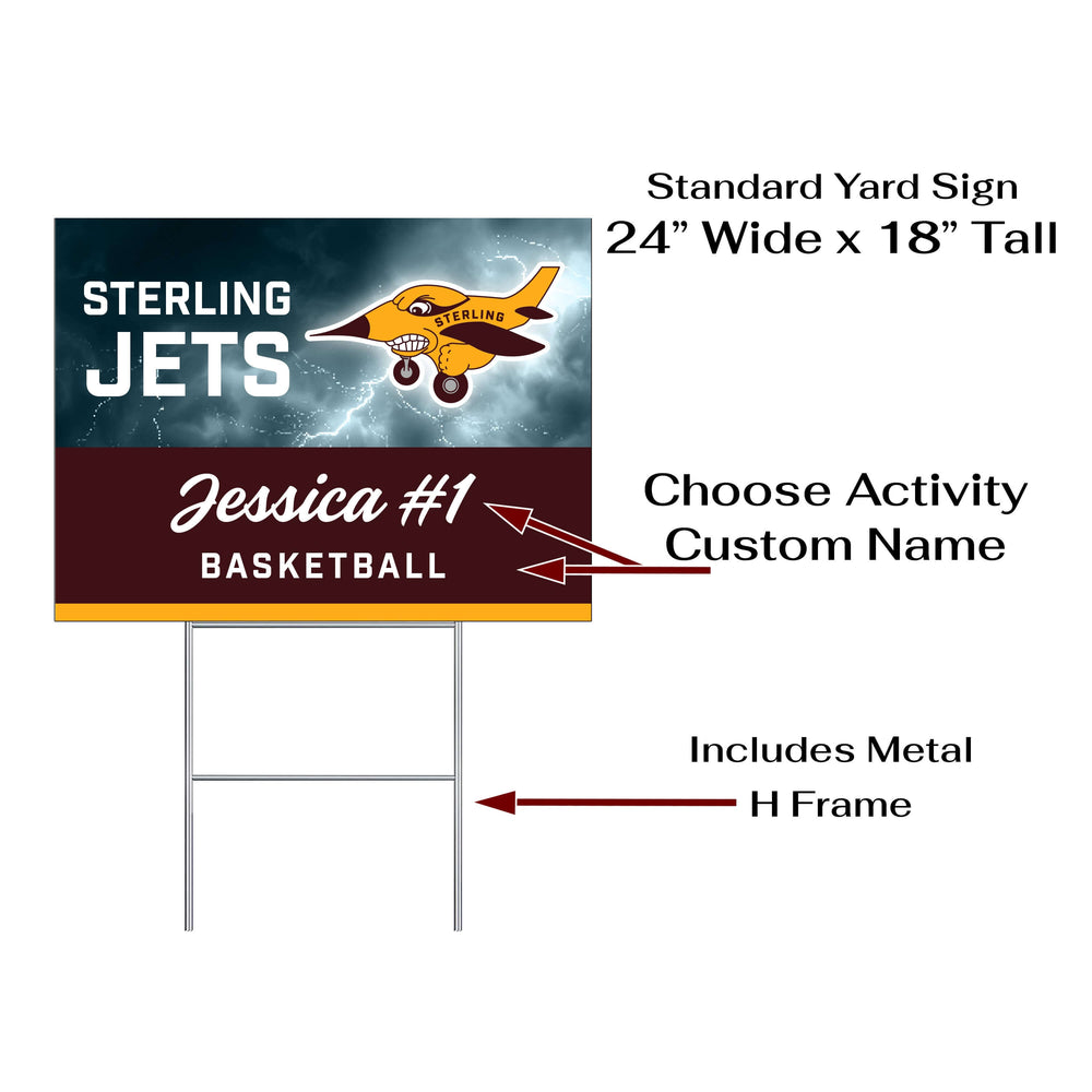 Personalized yard sign for Sterling Jets sports team player. The sign features the team logo in the center, surrounded by a background in team colors.