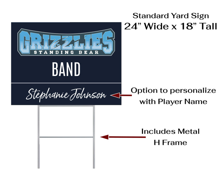 Personalized yard sign for Standing Bear Grizzlies sports team player. The sign features the team logo in the center, surrounded by a background in team colors.