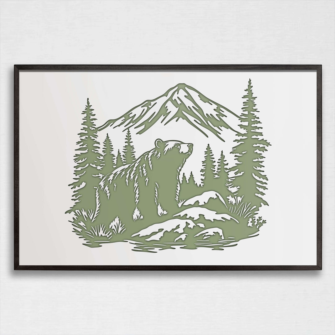 Grizzly bear wood framed canvas wall art. This wall art features a thin, solid wood frame handcrafted at our shop located in Ashland, Nebraska. Cream lime nature scene on a white background, on premium canvas with a high definition print.