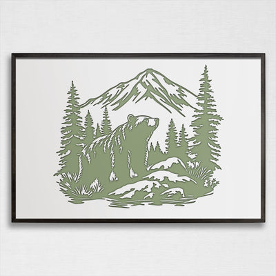 Grizzly bear wood framed canvas wall art. This wall art features a thin, solid wood frame handcrafted at our shop located in Ashland, Nebraska. Cream lime nature scene on a white background, on premium canvas with a high definition print.