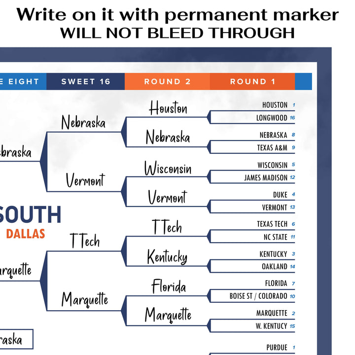 Extra large, supersized march madness bracket poster or vinyl banner. Great for kids to write on it with permanent marker. Interactive sports vinyl banner.