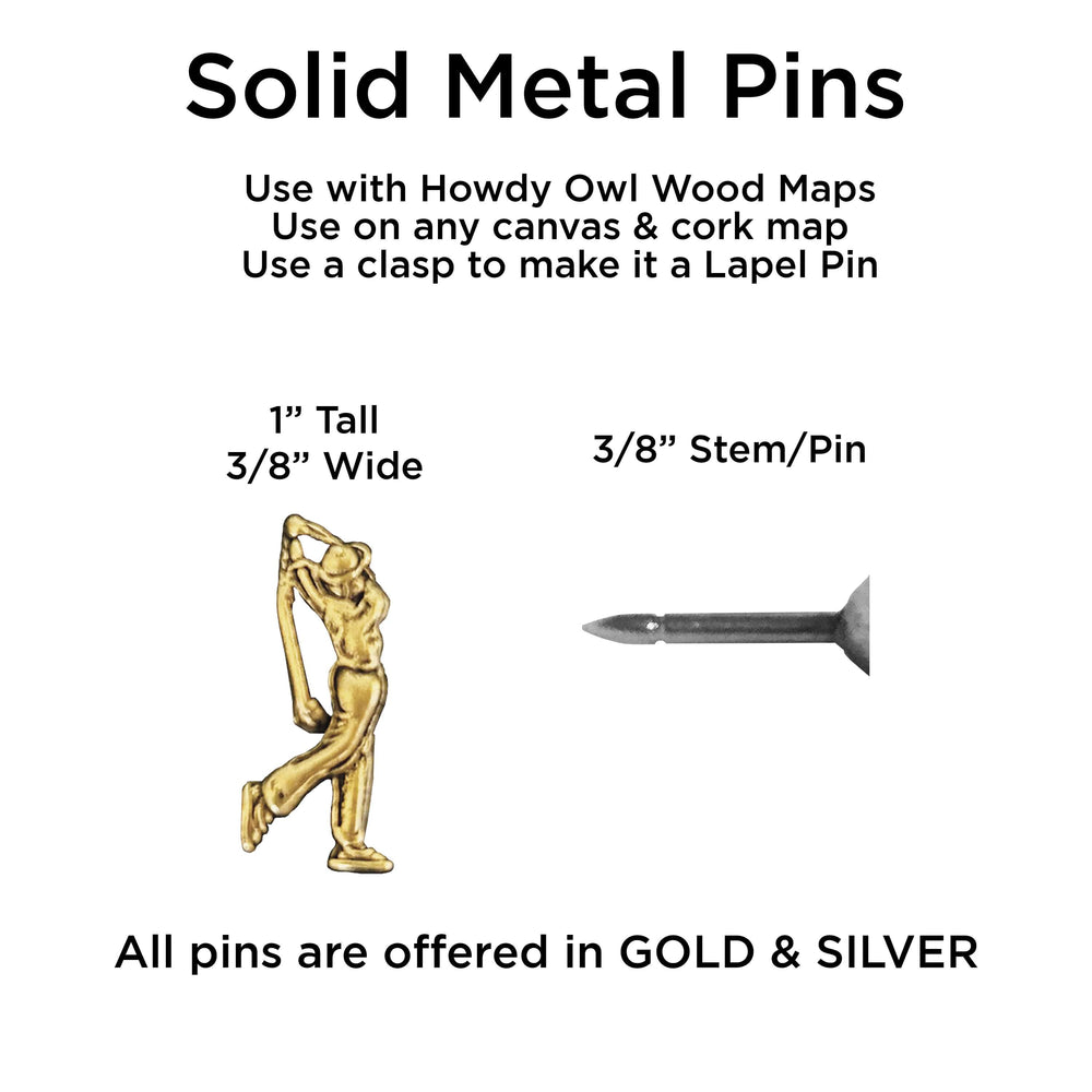 Golfer push pin for push pin travel maps. Solid metal and lead free, these push pins are excellent for marking travels on a push pin map, or use them as a Lapel pin.