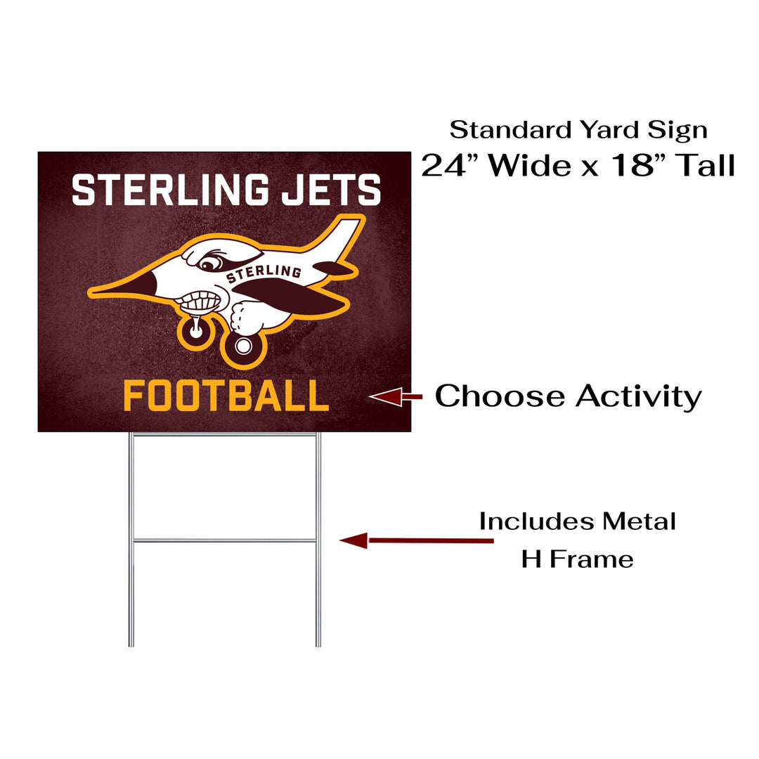 Personalized yard sign for Sterling Jets sports team player. The sign features the team logo in the center, surrounded by a background in team colors.