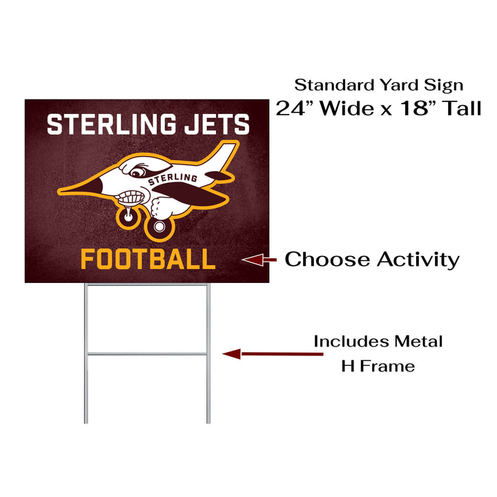 Personalized yard sign for Sterling Jets sports team player. The sign features the team logo in the center, surrounded by a background in team colors.