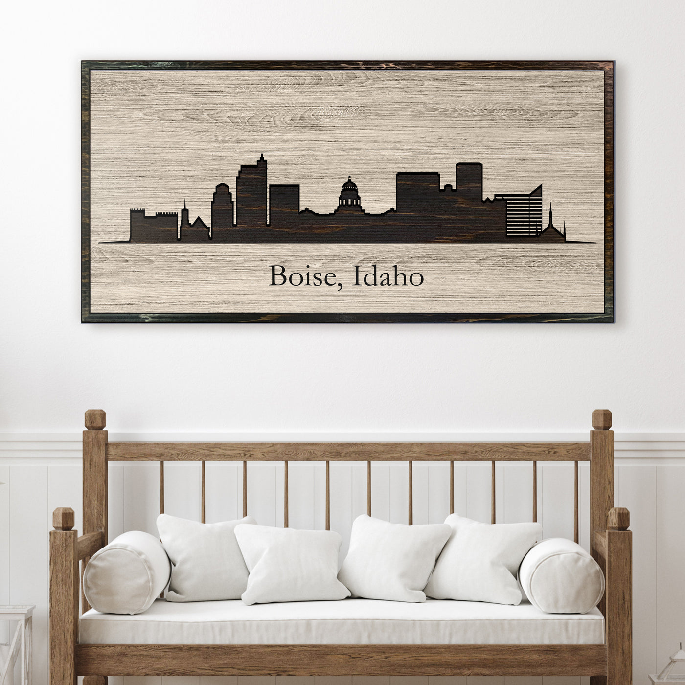 Boise, Idaho city skyline wood all art. Custom carved into solid wood and features Howdy Owl's one-of-a-kind unique wood wall art finish. Personalized with your own text and a great gift idea for any occassion. Handcrafted in Ashland, Nebraska with shipping offered world-wide.