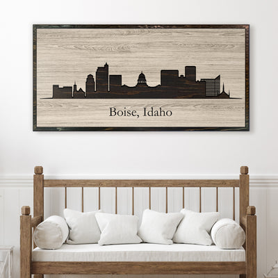 Boise, Idaho city skyline wood all art. Custom carved into solid wood and features Howdy Owl's one-of-a-kind unique wood wall art finish. Personalized with your own text and a great gift idea for any occassion. Handcrafted in Ashland, Nebraska with shipping offered world-wide.