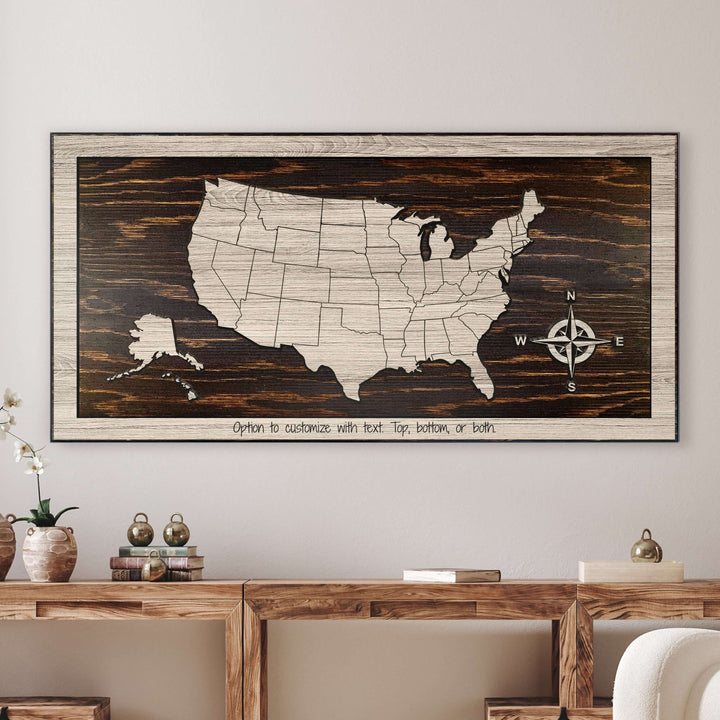 Custom us push pin map wood wall art carved into wood and personalized with your own text