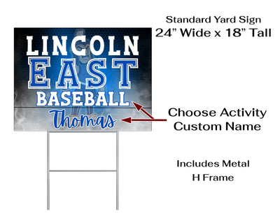 Personalized yard sign for Lincoln East Spartans sports team player. The sign features the team logo in the center, surrounded by a background in team colors.