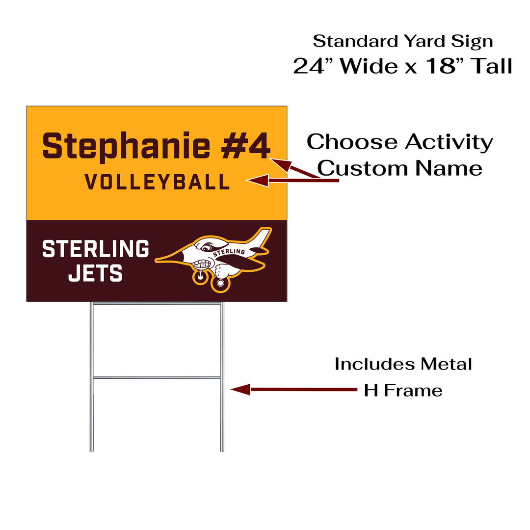 Personalized yard sign for Sterling Jets sports team player. The sign features the team logo in the center, surrounded by a background in team colors.
