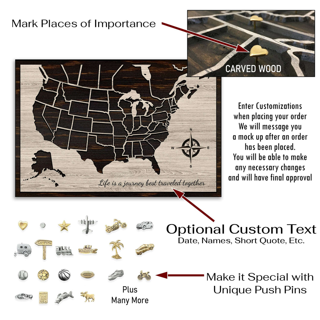 US &amp; Canada push pin map. Carved wooden map. Dimensional 3D wood wall art that is push pin friendly to mark travels. Excellent birthday or anniversary gift idea.