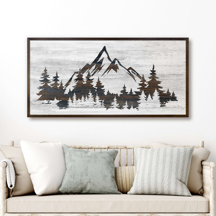 Custom framed canvas mountain art. Cabin and nature wall decor made in Lincoln, Nebraska, USA