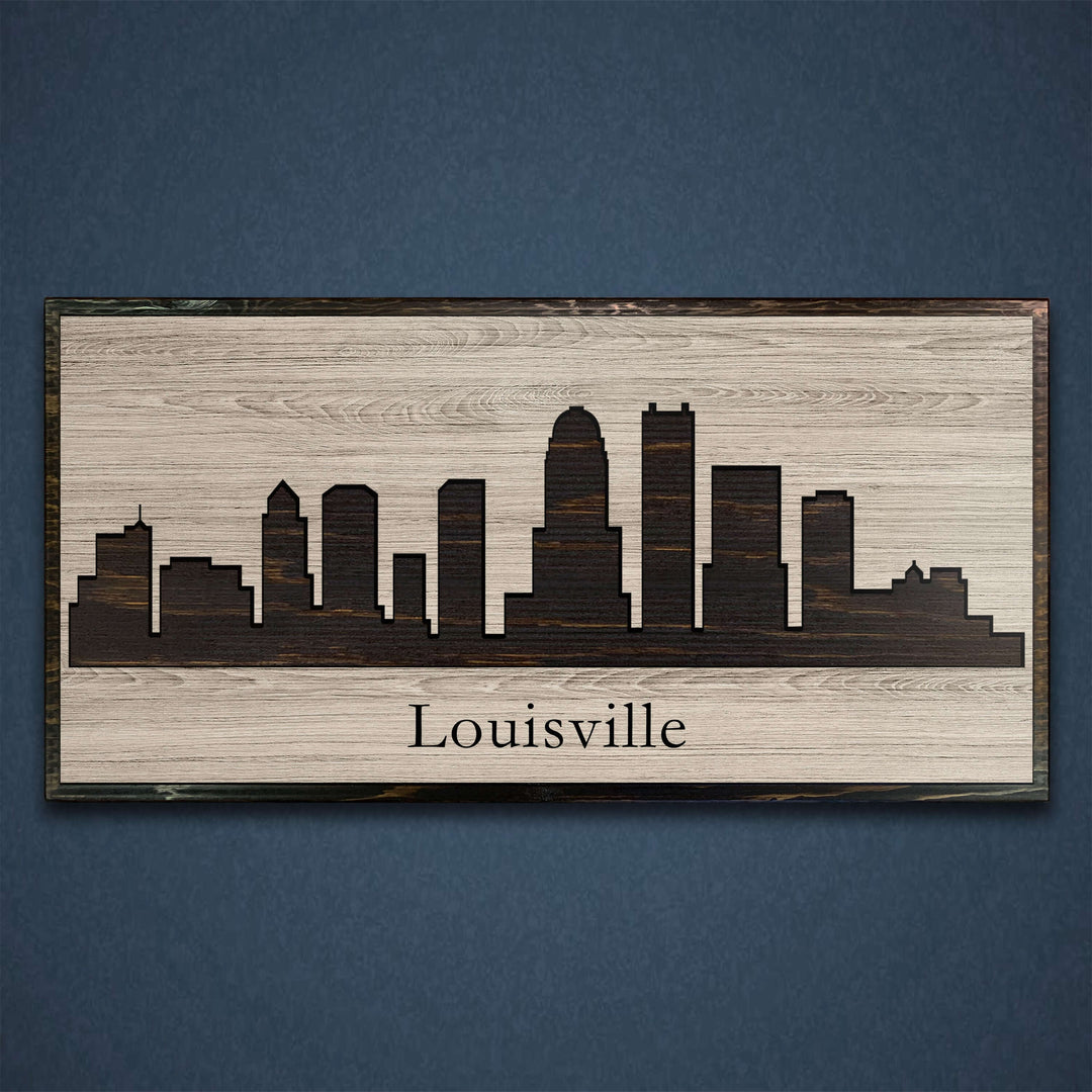 Louisville Kentucky city skyline wood all art. Custom carved into solid wood and features Howdy Owl&