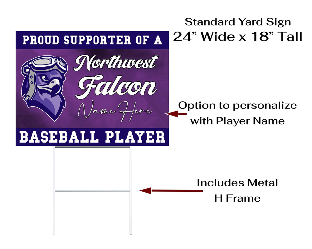Personalized yard sign for Lincoln Northwest Falcons sports team player. The sign features the team logo in the center, surrounded by a background in team colors.