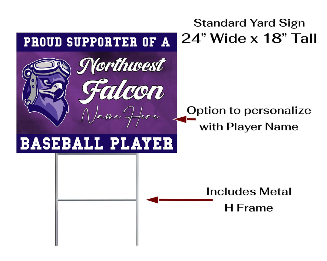 Personalized yard sign for Lincoln Northwest Falcons sports team player. The sign features the team logo in the center, surrounded by a background in team colors.