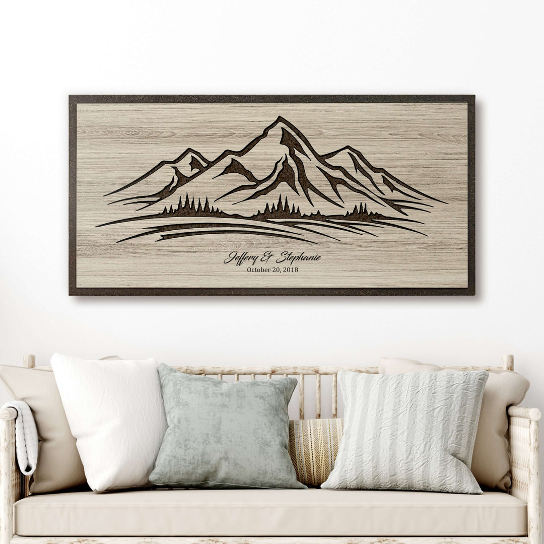 Mountain scene wood wall art. Carved into wood, cutstom made, and personalized with your own text. Nature and cabin home wall decor for your home or office.