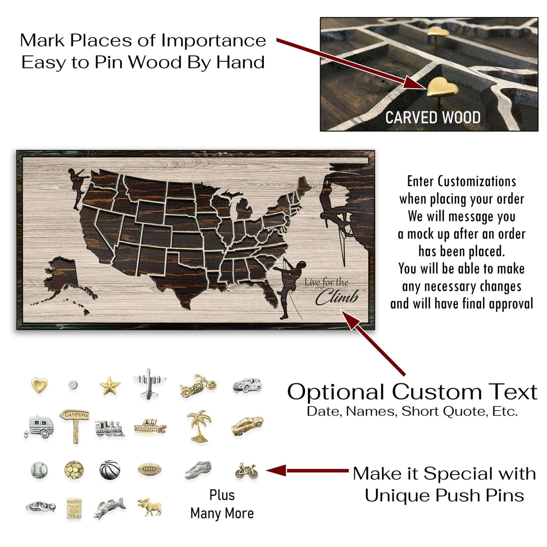 Custom US Push Pin map for Rock Climbers - Rock climbing bucket list map to mark mountains climbed and scaled