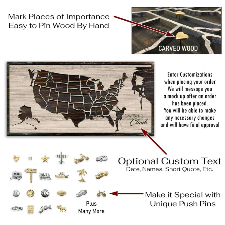 Custom US Push Pin map for Rock Climbers - Rock climbing bucket list map to mark mountains climbed and scaled