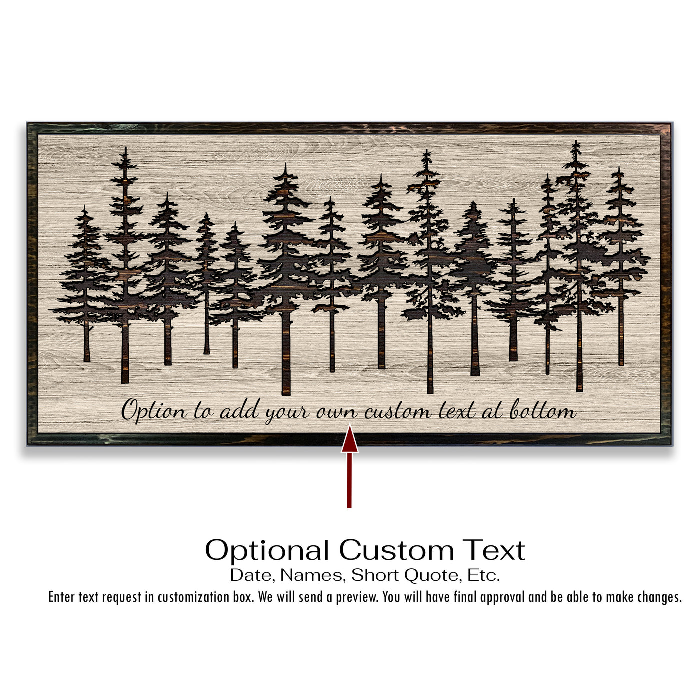 Pine tree forest wood wall art carved into solid wood. The stunning artwork features a carved pine tree scene nestled against a serene forest backdrop. That natural variations in the wood grain add a depth and character to the overall design, creating a warm and inviting atmosphere for any room.