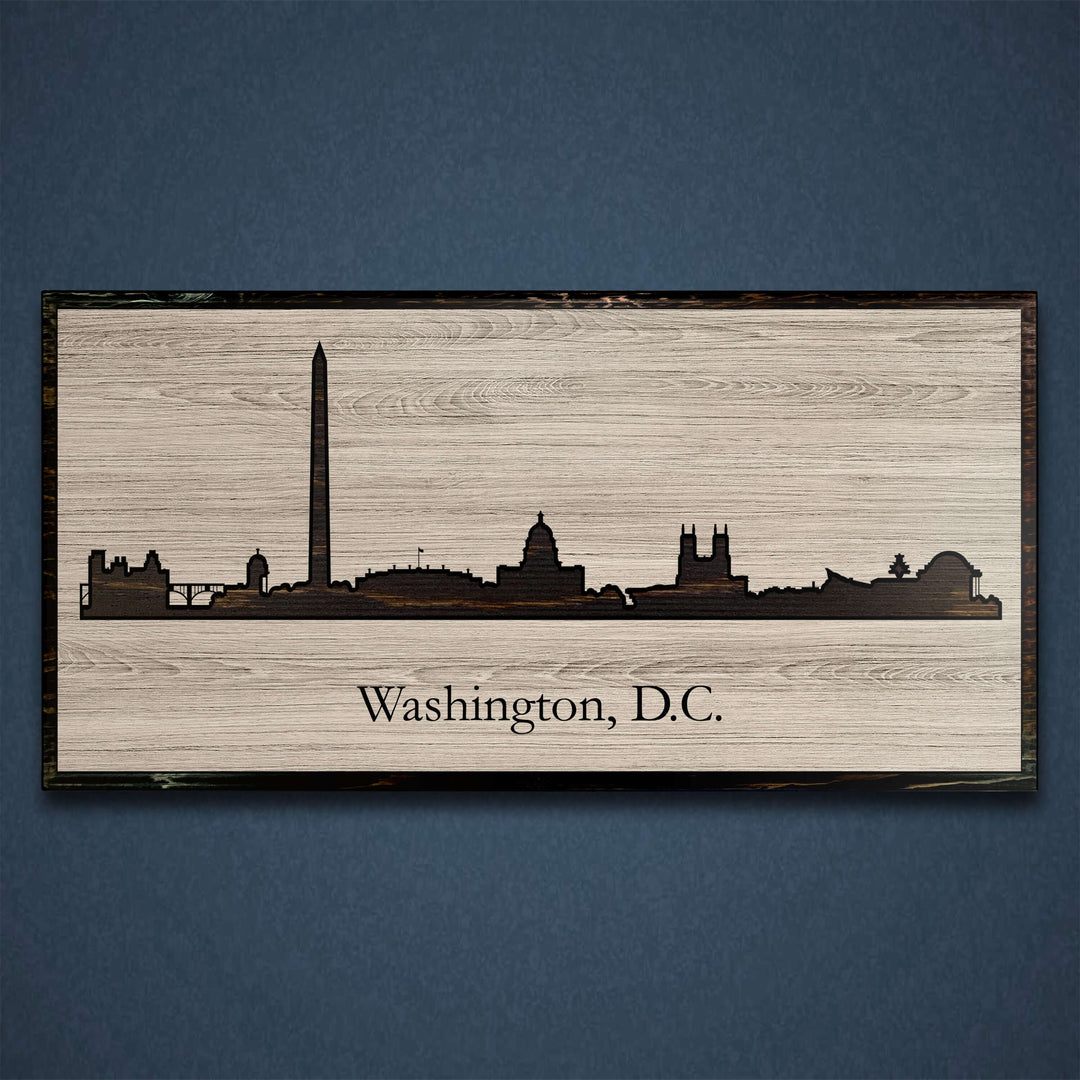 Washington DC city skyline wood all art. Custom carved into solid wood and features Howdy Owl&